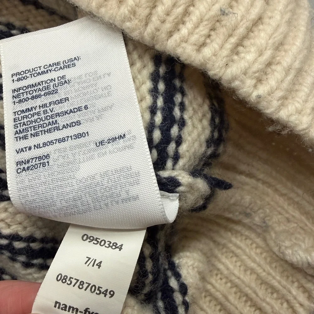Tommy Hilfiger Mens XXL Lambs Wool Cream Navy Stripe Cable Knit Sweater Crewneck